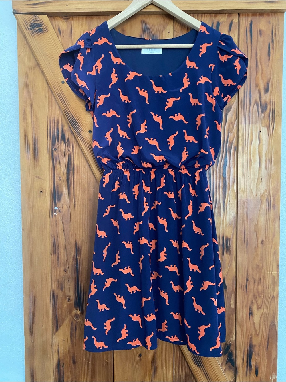 Peach Love California Navy Dress with Orange Dino Print